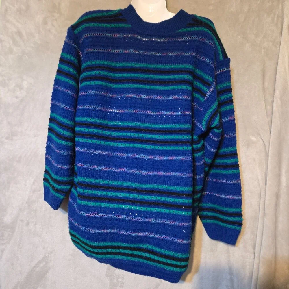 Alfred Dunner Vintage Coogi Style Inspired Striped Knit Sweater Large Blue Green - Picture 6 of 7
